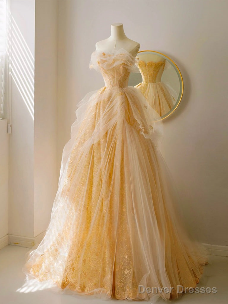 A-Line Tulle Lace Champagne Long Prom Dress, Champagne Long Formal Dress Main image