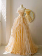 A-Line Tulle Lace Champagne Long Prom Dress, Champagne Long Formal Dress