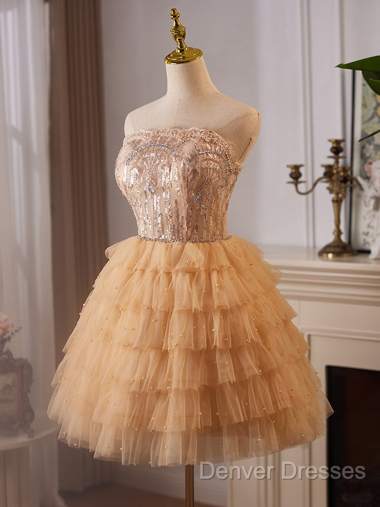 A-Line Tulle Lace Champagne Short Prom Dress, Champagne Homecoming Dress Secondary image