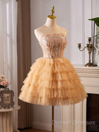 A-Line Tulle Lace Champagne Short Prom Dress, Champagne Homecoming Dress