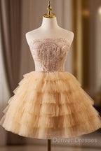 A-Line Tulle Lace Champagne Short Prom Dress, Champagne Homecoming Dress