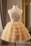 A-Line Tulle Lace Champagne Short Prom Dress, Champagne Homecoming Dress