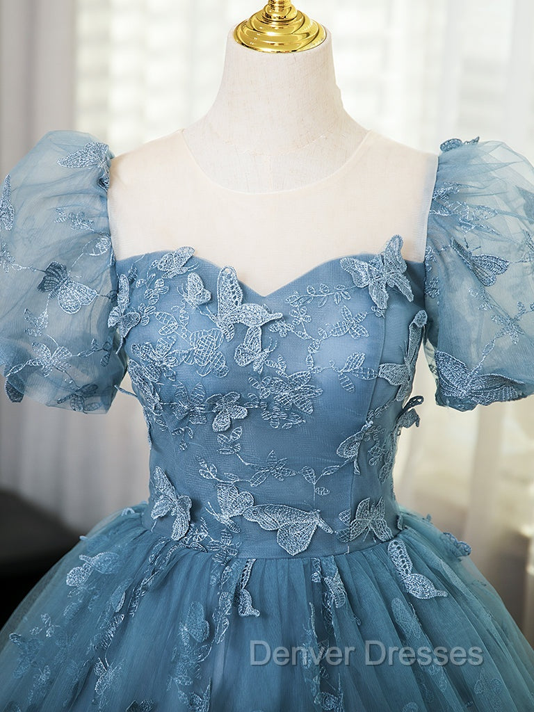 A-Line Tulle Lace Gray Blue Long Prom Dress, Gray Blue Long Sweet 16 Dress