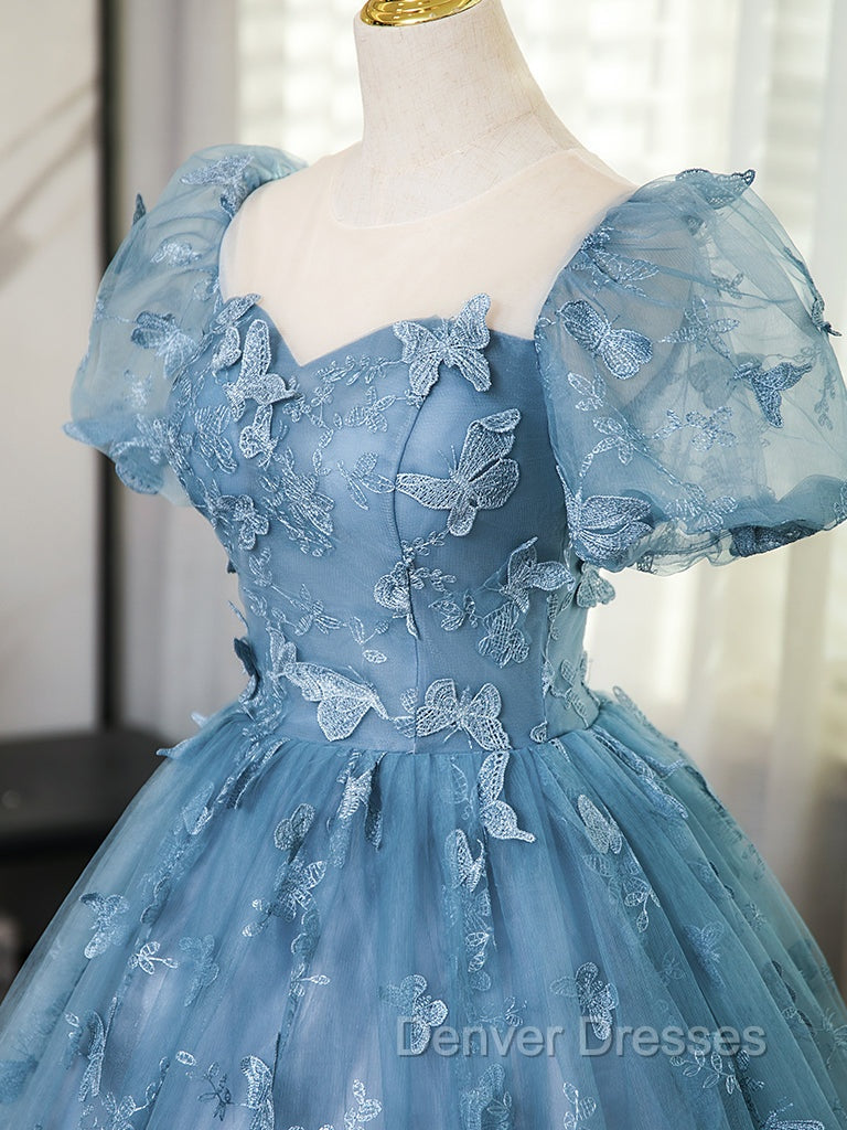 A-Line Tulle Lace Gray Blue Long Prom Dress, Gray Blue Long Sweet 16 Dress