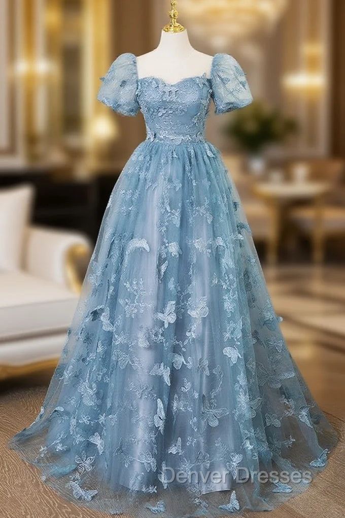 A-Line Tulle Lace Gray Blue Long Prom Dress, Gray Blue Long Sweet 16 Dress Main image