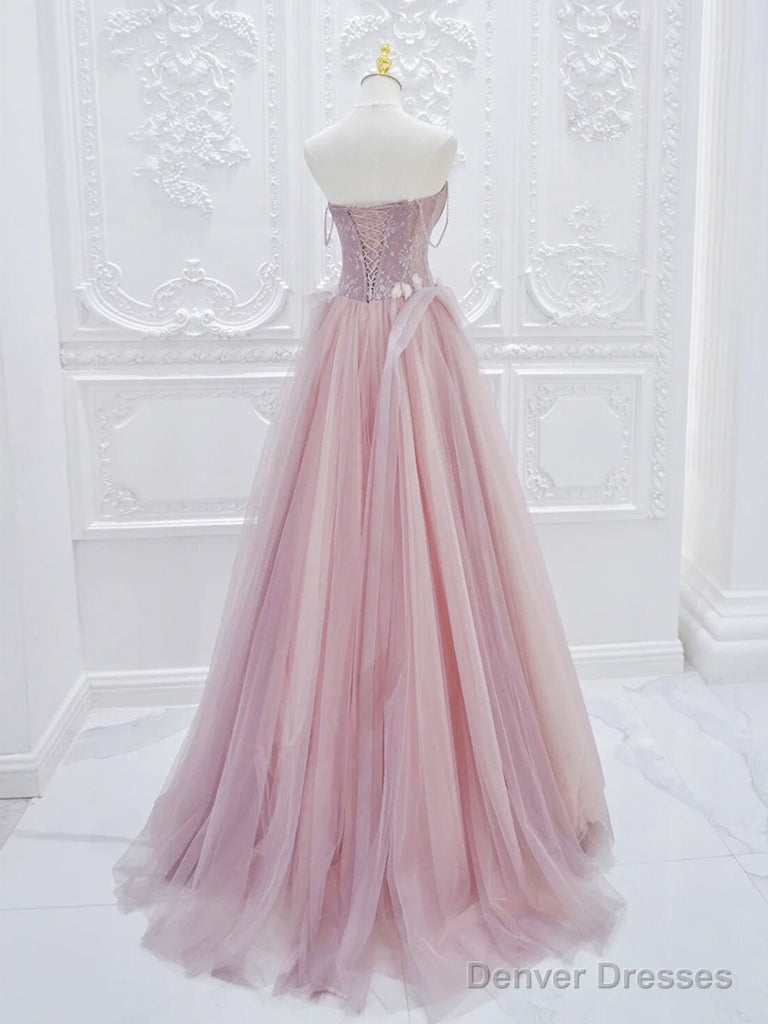 A-Line Tulle Lace Pink Long Prom Dress, Pink Tulle Lace Long Formal Dress Secondary image