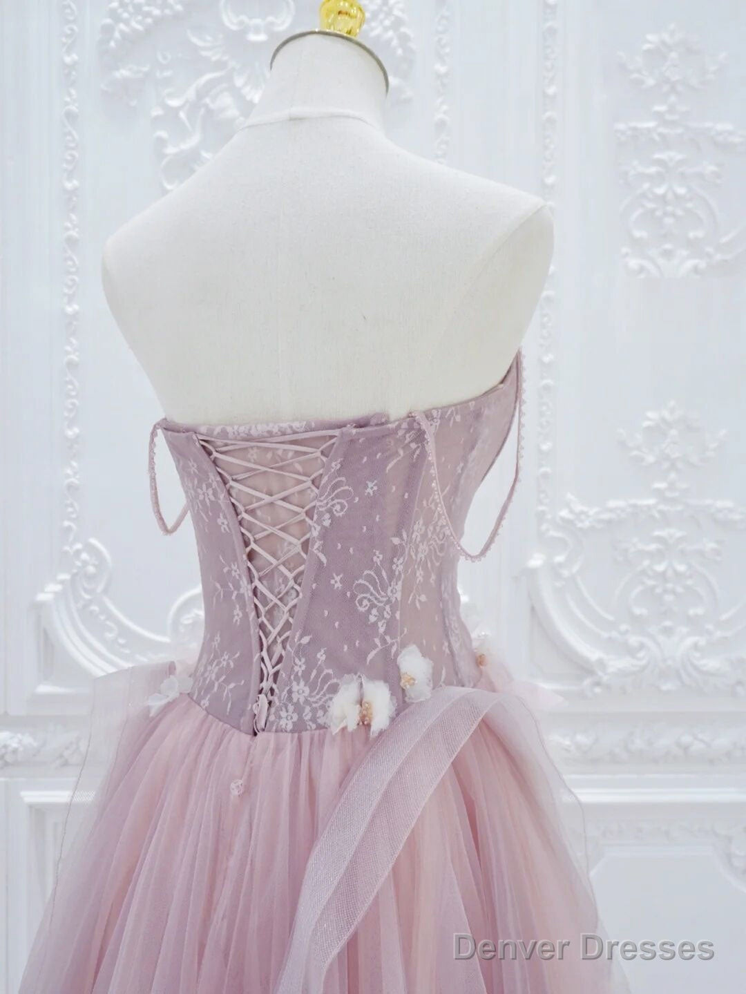 A-Line Tulle Lace Pink Long Prom Dress, Pink Tulle Lace Long Formal Dress