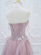 A-Line Tulle Lace Pink Long Prom Dress, Pink Tulle Lace Long Formal Dress