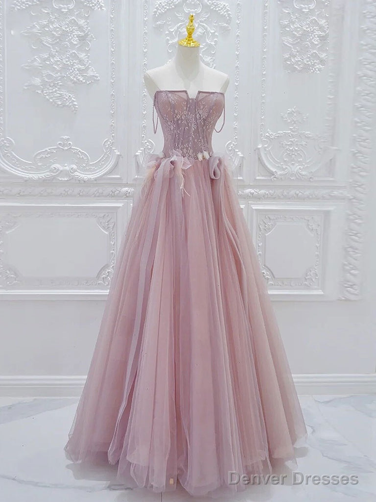 A-Line Tulle Lace Pink Long Prom Dress, Pink Tulle Lace Long Formal Dress Main image
