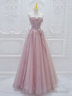A-Line Tulle Lace Pink Long Prom Dress, Pink Tulle Lace Long Formal Dress