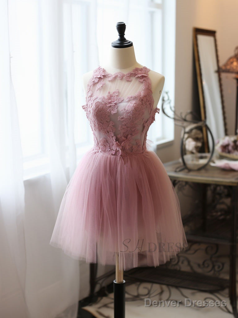 A-Line  Tulle Lace Pink Short Prom Dress, Pink Homecoming Dress Main image