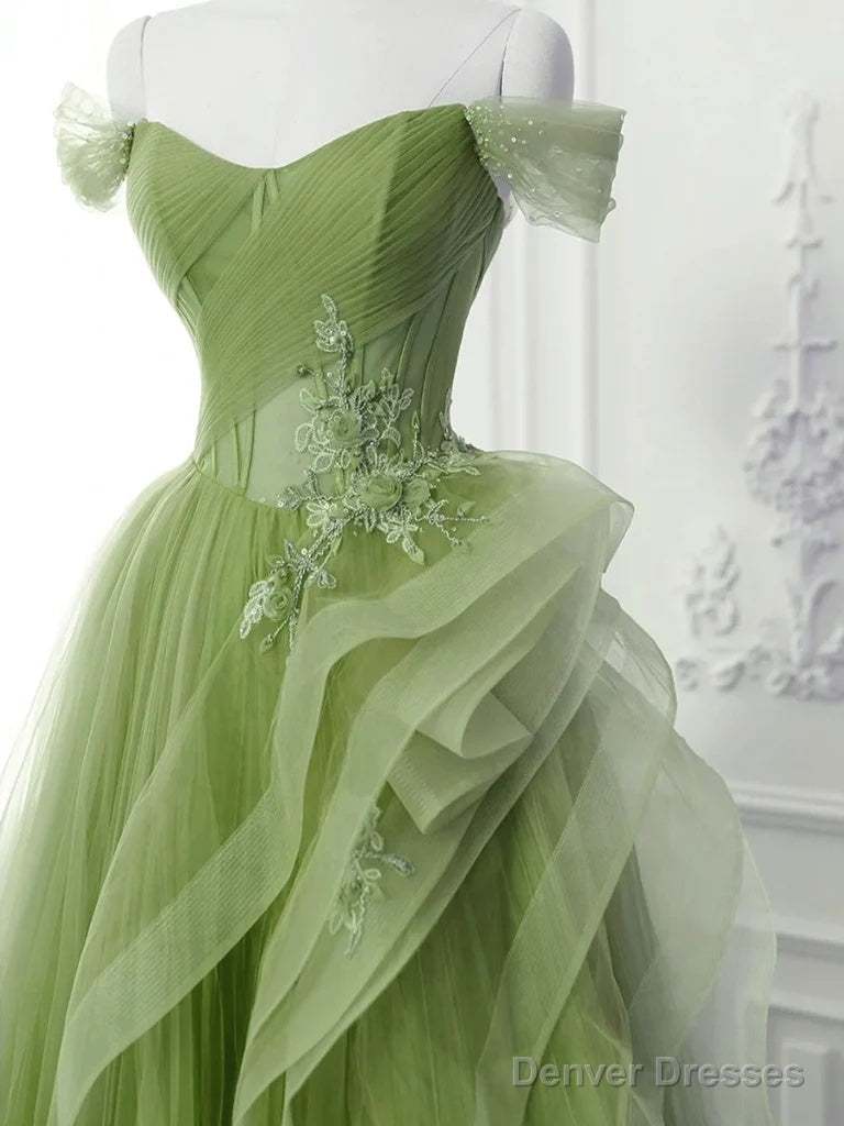 A-Line Tulle Lace Sage Green Long Prom Dress
