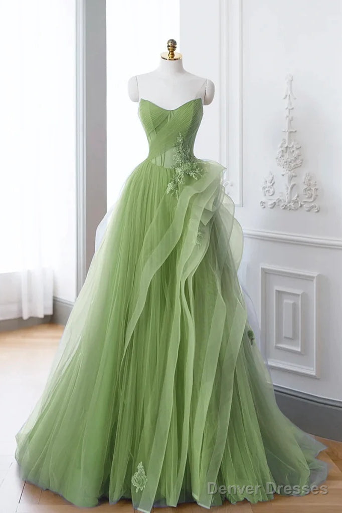 A-Line Tulle Lace Sage Green Long Prom Dress Main image