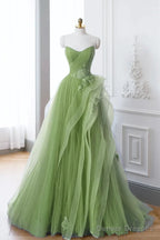 A-Line Tulle Lace Sage Green Long Prom Dress