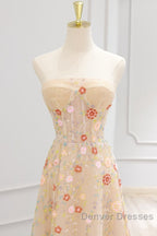 A-Line Tulle Lace Sequin Champagne Long Prom Dress, Champagne Long Formal Dress