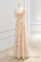 A-Line Tulle Lace Sequin Champagne Long Prom Dress, Champagne Long Formal Dress