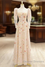 A-Line Tulle Lace Sequin Champagne Long Prom Dress, Champagne Long Formal Dress