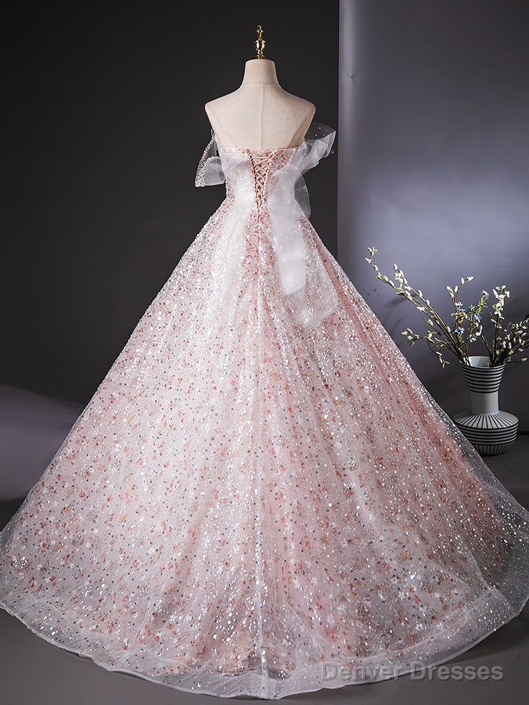 A-Line Tulle Lace Sequin Pink Long Prom Dress, Pink Long Evening Dress Secondary image