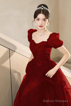 A-Line Tulle Lace Short Sleeve Prom Dress, Lovely Floor Length Evening Party Dress