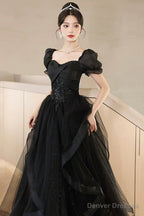 A-Line Tulle Lace Short Sleeve Prom Dress, Lovely Floor Length Evening Party Dress