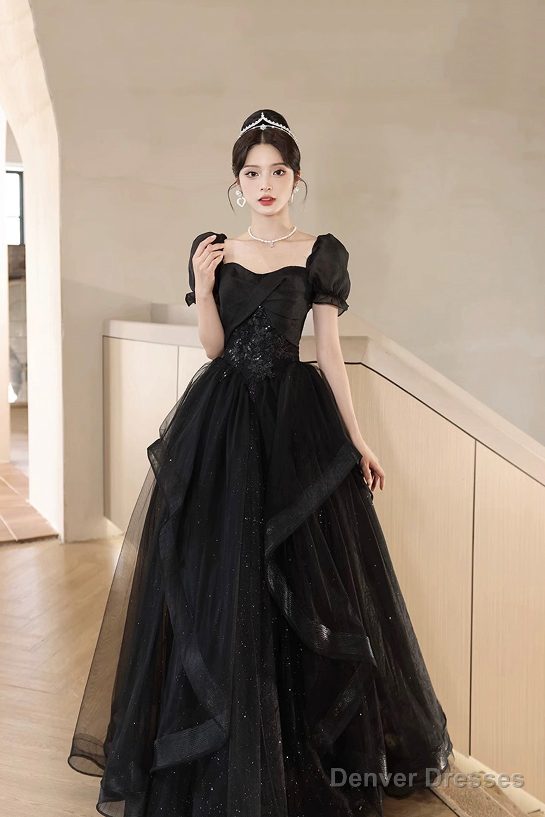 A-Line Tulle Lace Short Sleeve Prom Dress, Lovely Floor Length Evening Party Dress