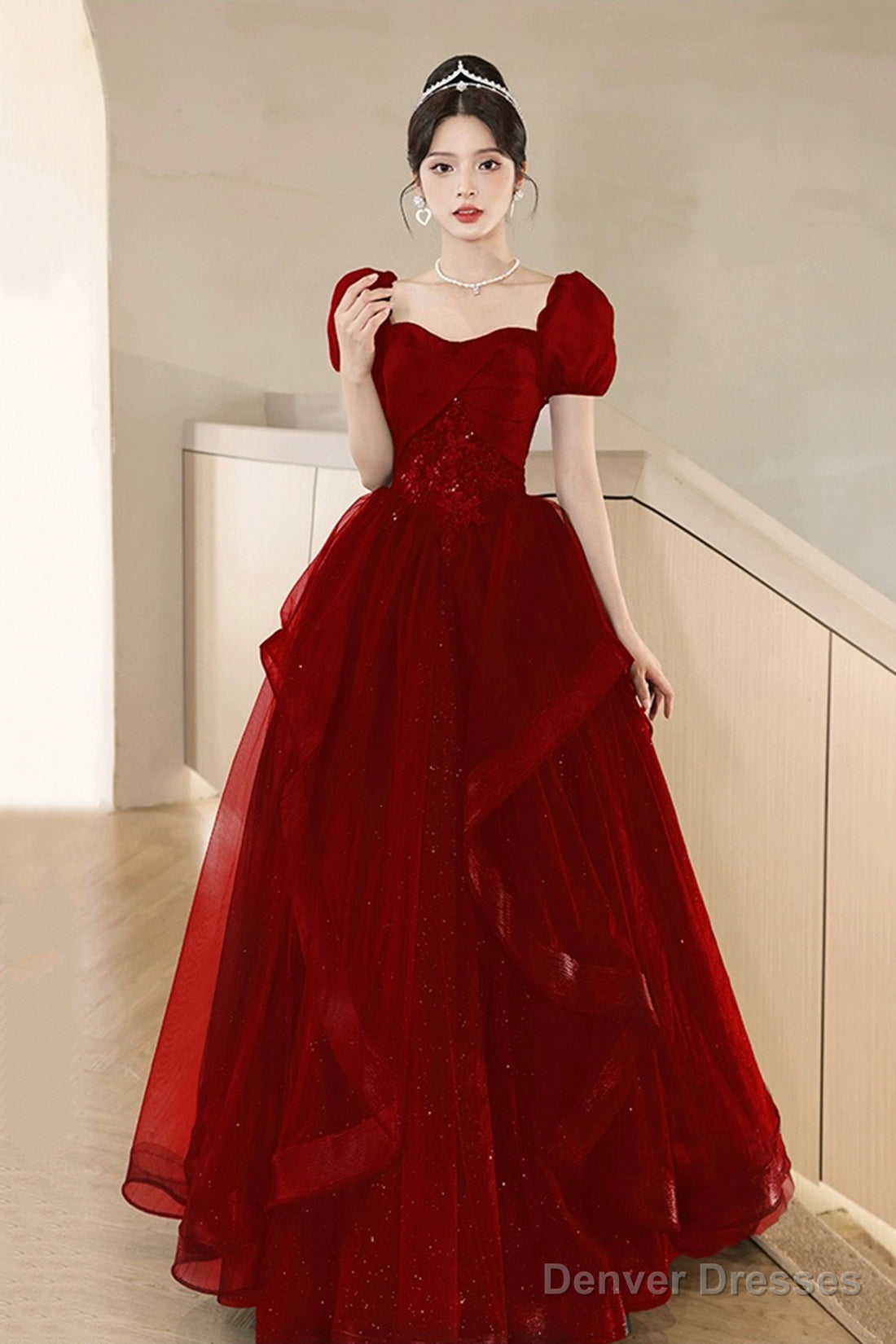 A-Line Tulle Lace Short Sleeve Prom Dress, Lovely Floor Length Evening Party Dress Main image