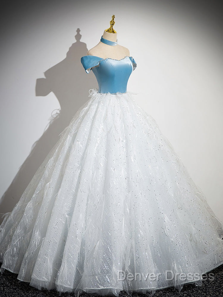 A-Line Tulle Lace White/Blue Long Prom Dress, White/Blue Long Evening Dress Secondary image