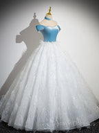 A-Line Tulle Lace White/Blue Long Prom Dress, White/Blue Long Evening Dress