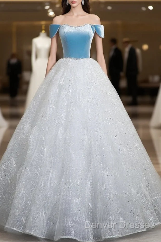 A-Line Tulle Lace White/Blue Long Prom Dress, White/Blue Long Evening Dress