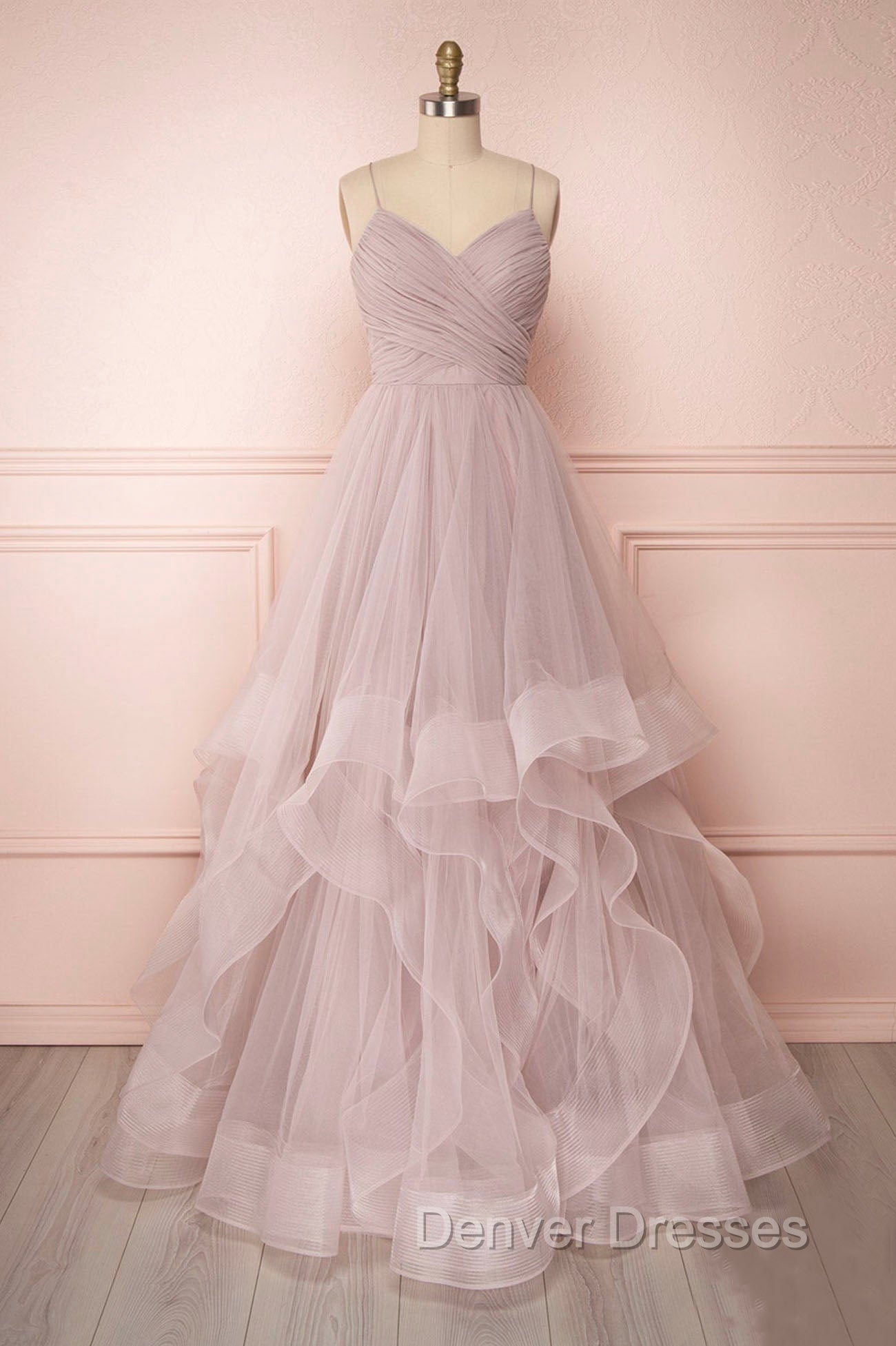 A-Line Tulle Layers Long Formal Dress, Cute V-Neck Evening Party Dress Main image
