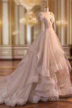 A-Line Tulle Layers Long Formal Dress, Spaghetti Straps Party Dress with Bow