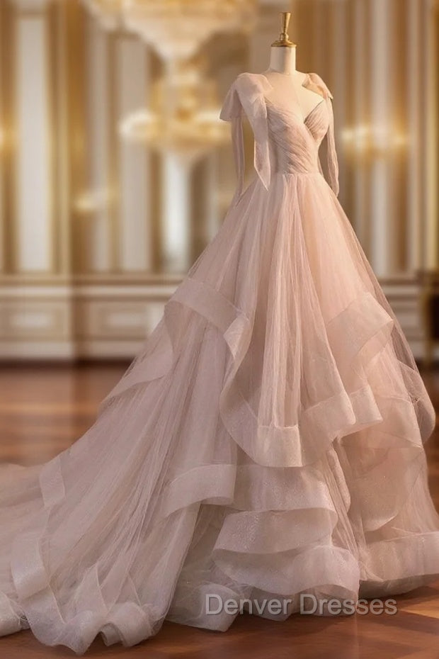 A-Line Tulle Layers Long Formal Dress, Spaghetti Straps Party Dress with Bow