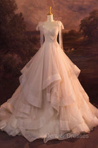 A-Line Tulle Layers Long Formal Dress, Spaghetti Straps Party Dress with Bow