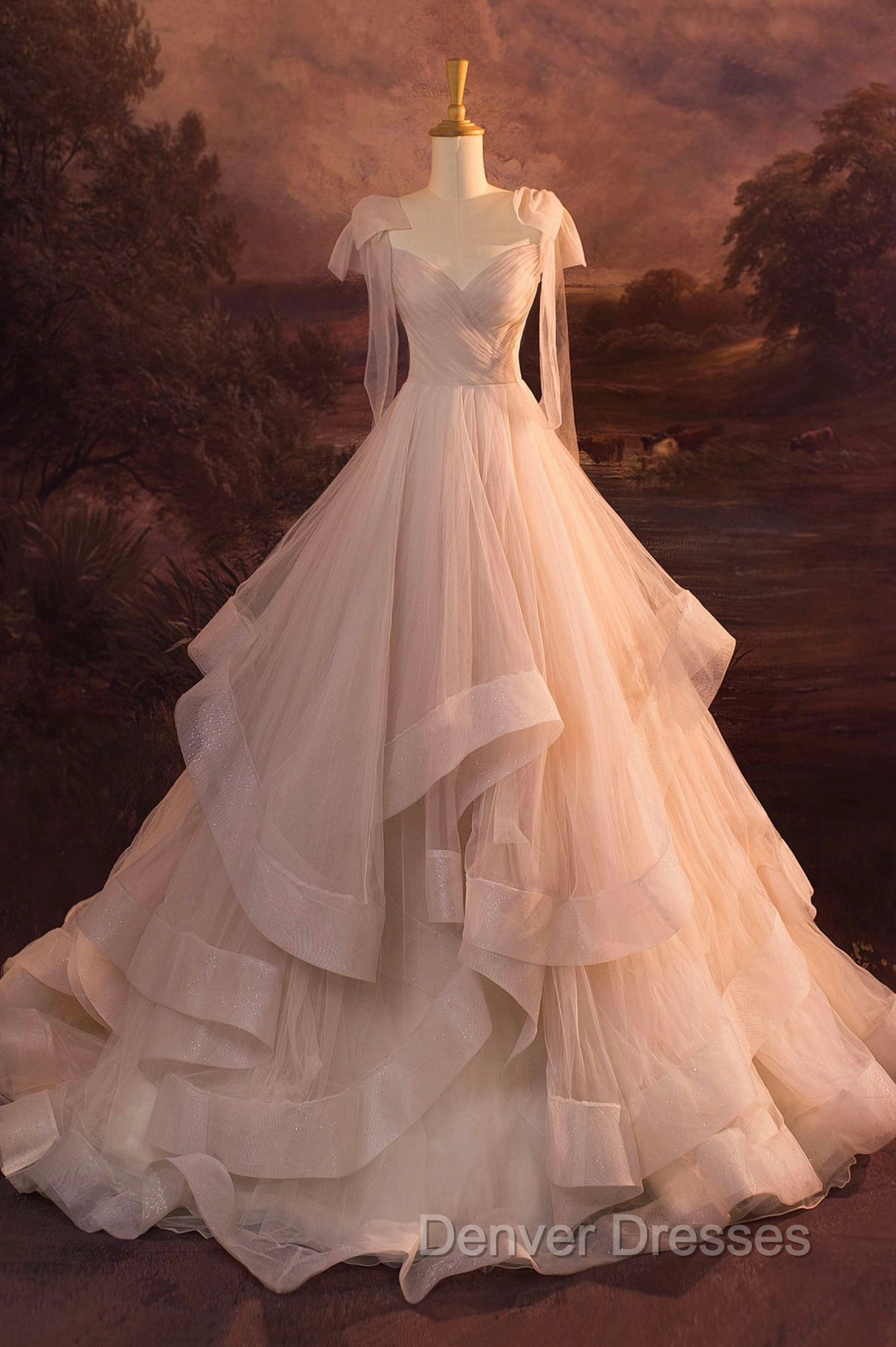 A-Line Tulle Layers Long Formal Dress, Spaghetti Straps Party Dress with Bow