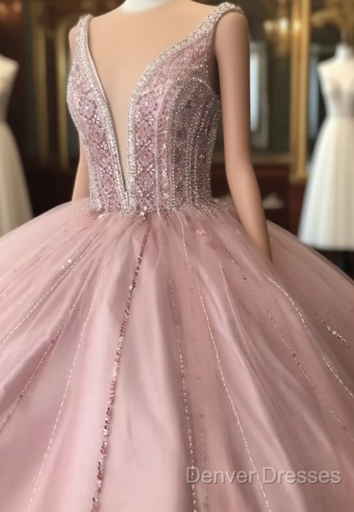 A-Line Tulle Long Formal Dress Pink Prom Dress,