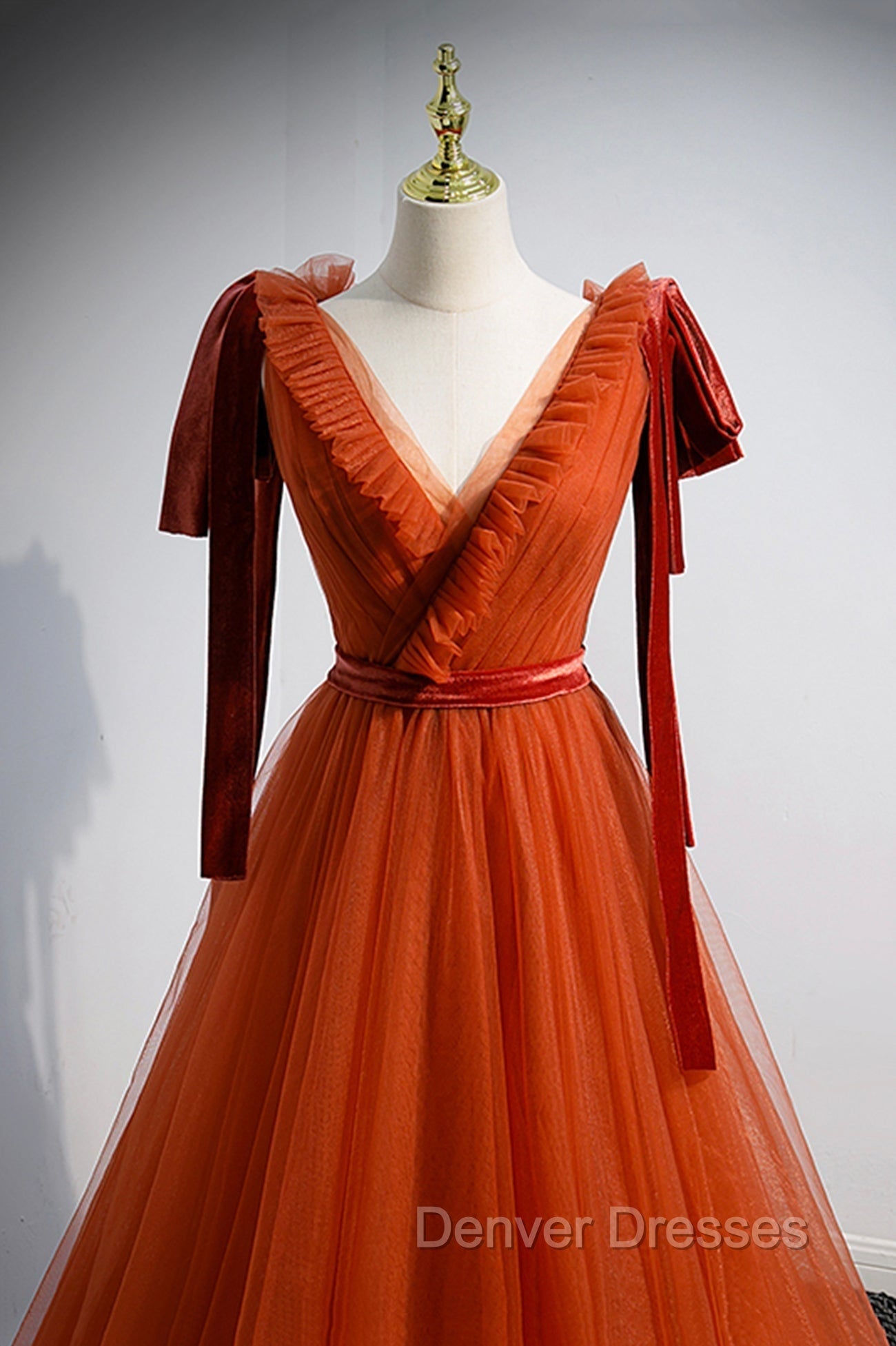 A-Line Tulle Long Prom Dress, Orange V-Neck Long Simple Evening Dress Secondary image