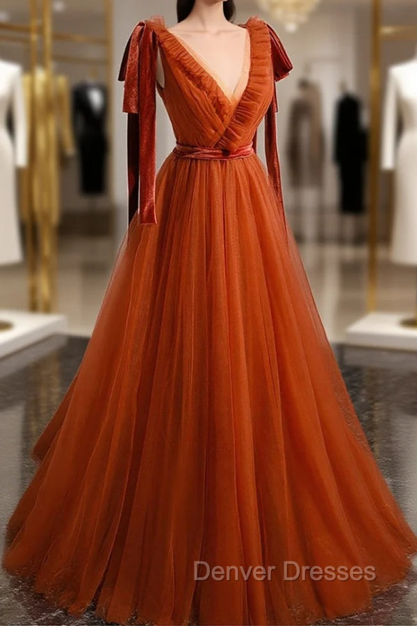 A-Line Tulle Long Prom Dress, Orange V-Neck Long Simple Evening Dress
