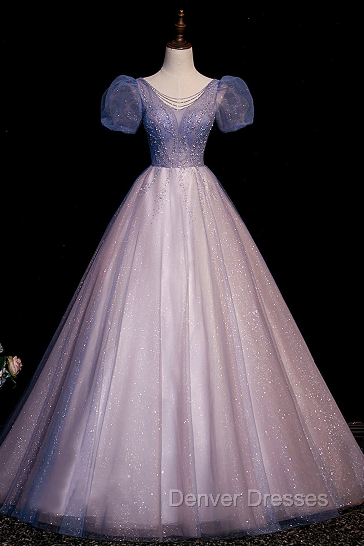 A-Line Tulle Long Prom Dress with Beaded, Blue Short Sleeve Evening Dress Main image