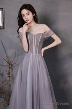A-Line Tulle Long Prom Dress With Beaded, Purple Evening Graduation Dress