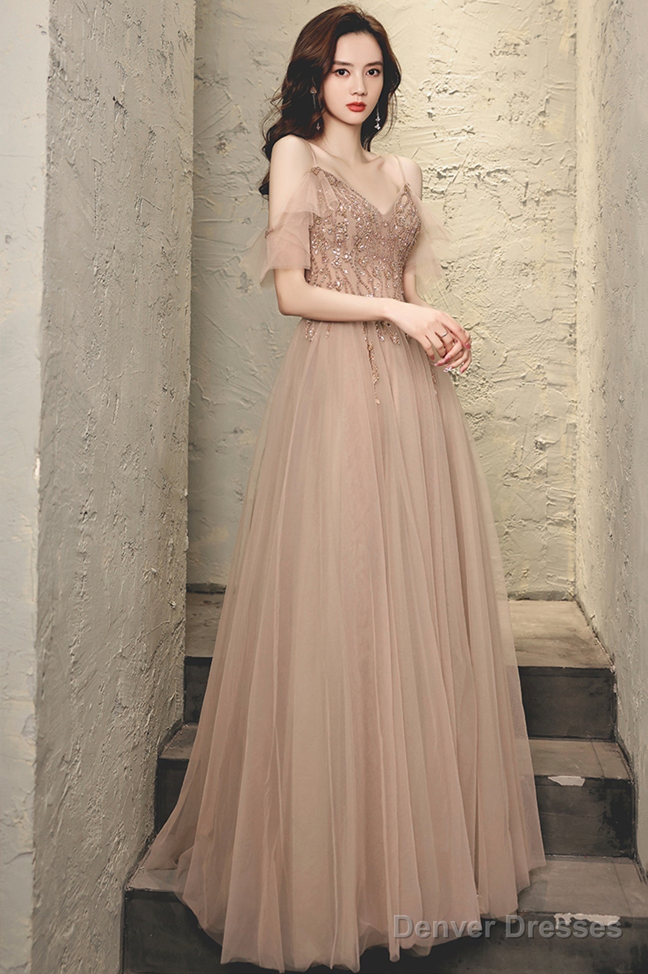 A-Line Tulle Long Prom Dress With Beaded, V-Neck Spaghetti Straps Evening Dress Secondary image