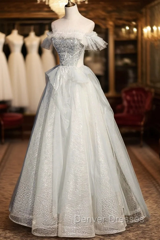 A-Line Tulle Long Prom Dress with Beading