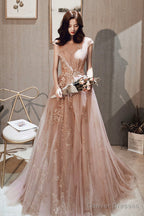A-Line Tulle Long Prom Dress With Sequins, Cute Evening Party Dress