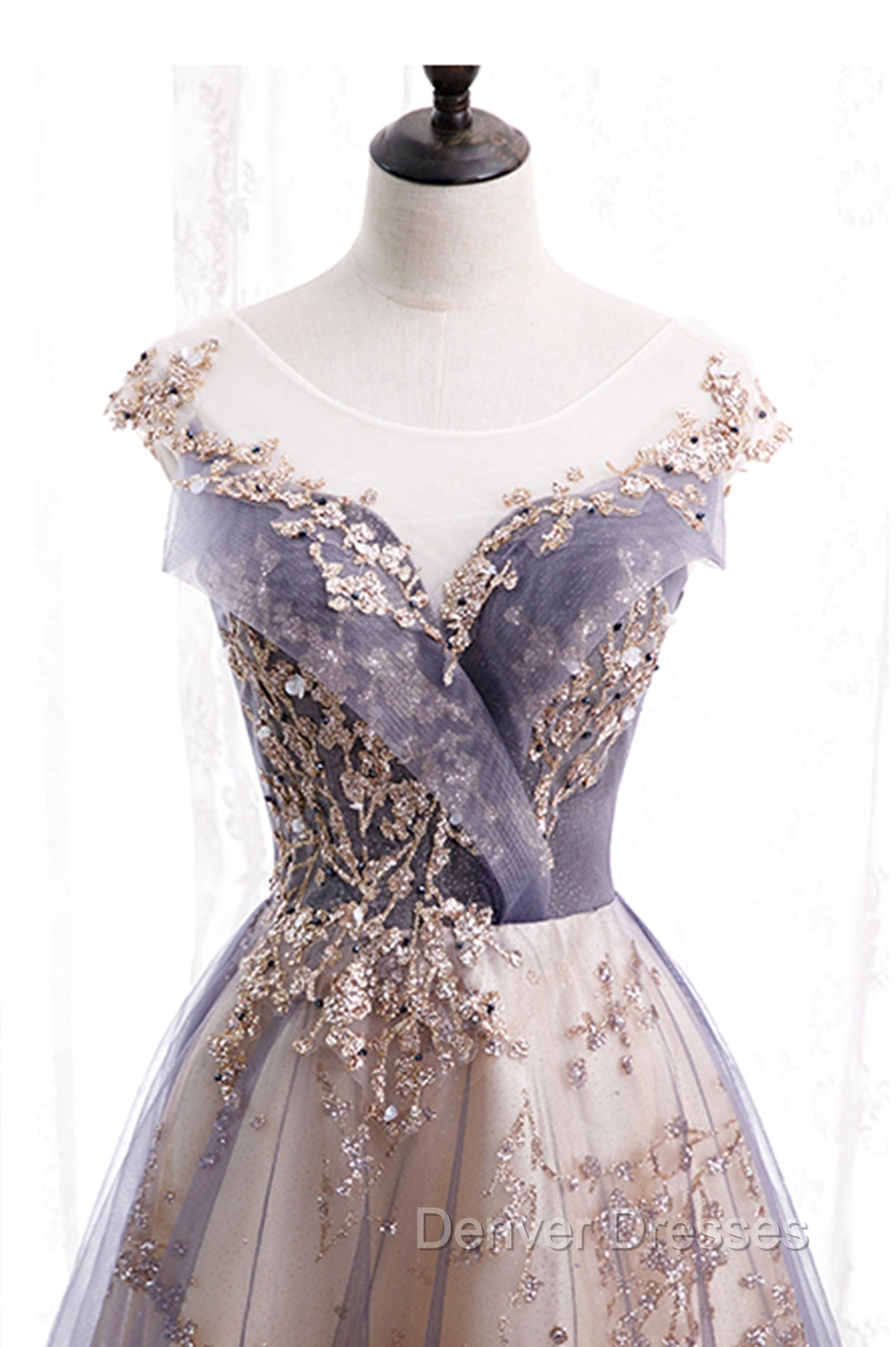 A-Line Tulle Long Prom Dress with Sequins, Cute Scoop Neckline Evening Dress Secondary image