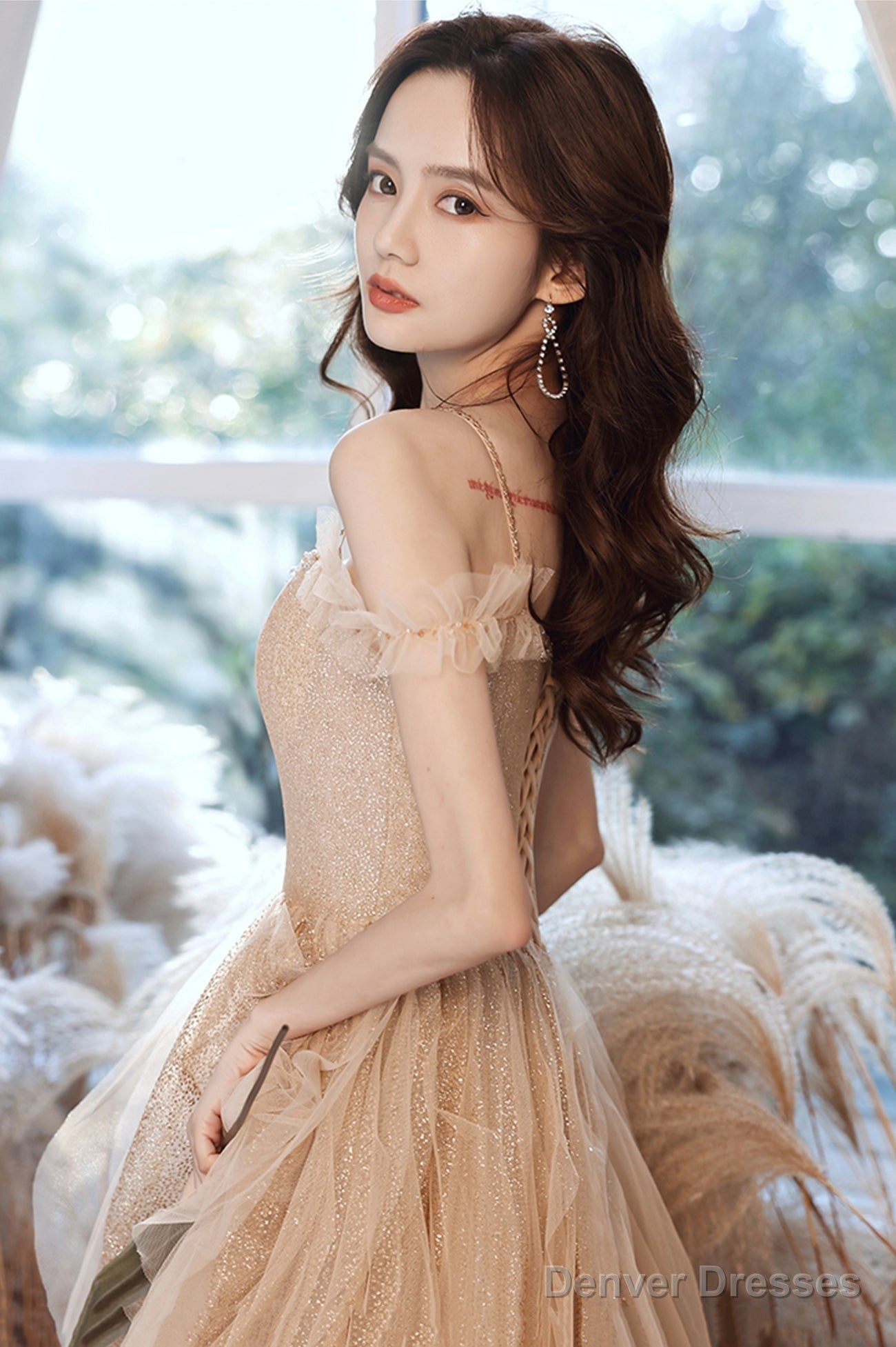 A-Line Tulle Long Prom Dress With Sequins, Spaghetti Straps Evening Dress