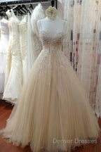 A Line Tulle Long Prom Straps Sweetheart Lace Appliques Wedding Dress