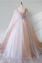 A Line Tulle Pink Embroidery Appliqued Long Prom Dress