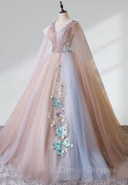 A Line Tulle Pink Embroidery Appliqued Long Prom Dress
