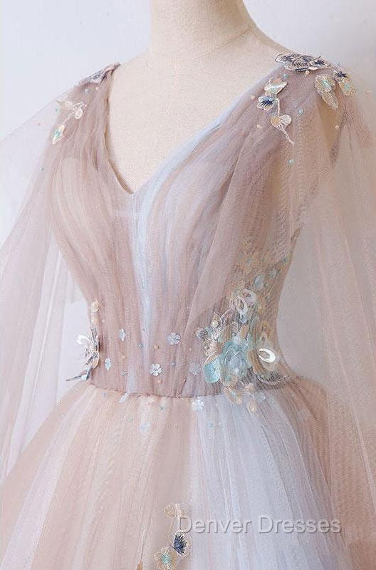 A Line Tulle Pink Embroidery Appliqued Long Prom Dress