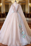 A Line Tulle Pink Embroidery Appliqued Long Prom Dress