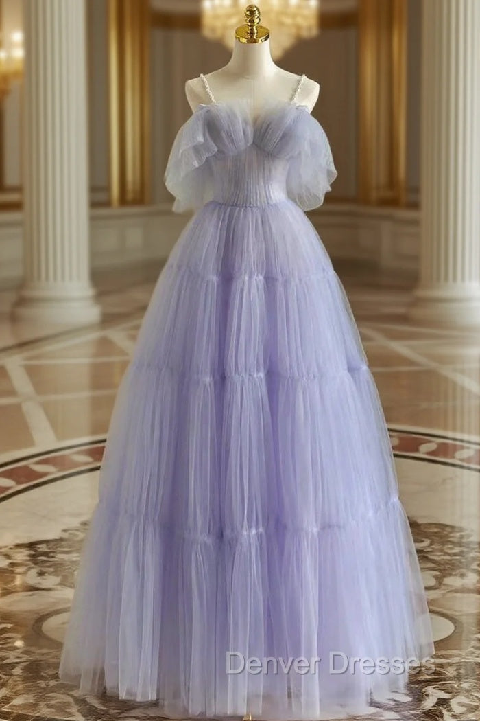 A-Line Tulle Purple Long Prom Dress, Purple Long Graduation Dress Main image